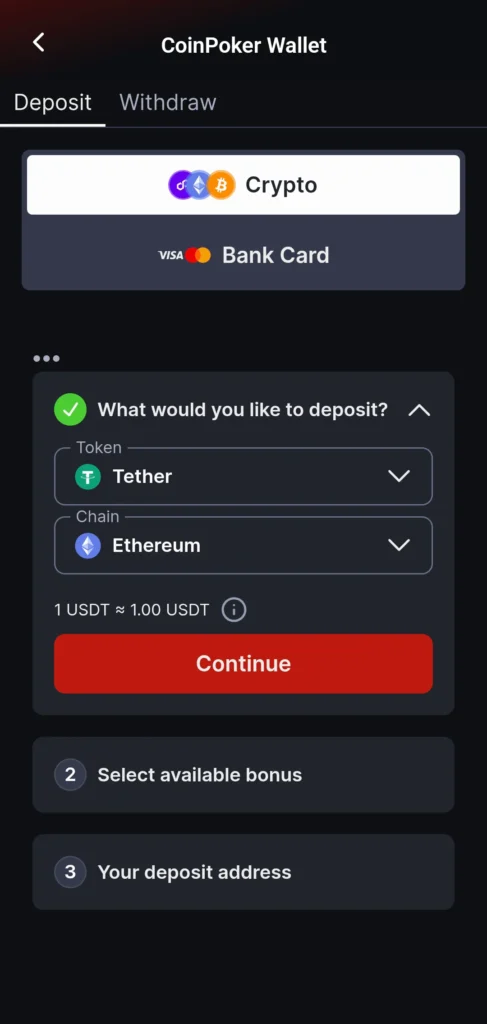 CoinPoker 移动端充值选择界面